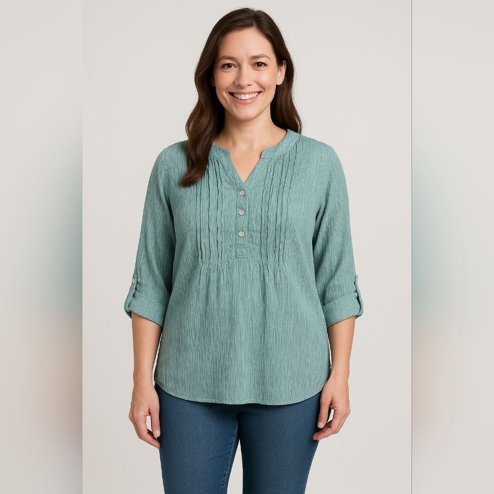 Kim Rogers Curvy Textured Seafoam Blouse 2X Crinkle Tunic V Neck 3/4 Sleeve Boho